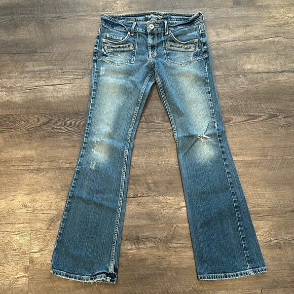 American Eagle Outfitters 10 Long Y2K Limited Blue Issue Distressed Bootcut Jean - Picture 1 of 13